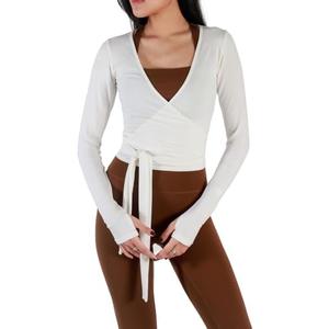 Usweetie Women's Ballet Wrap Top Long Sleeve Tie Workout Pilates Yoga Wrap Top, M