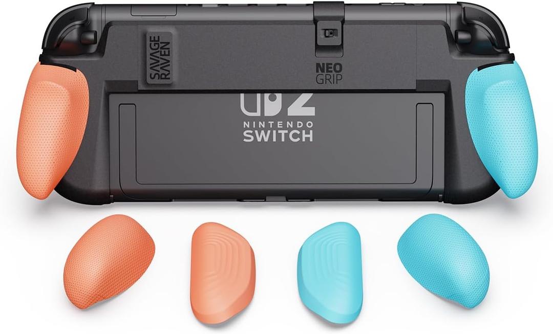 by Skull & Co. NeoGrip: an Ergonomic Grip Hard Shell with Replaceable Grips [to fit All Hands Sizes] for Nintendo Switch 2 - Neon Blue & Red