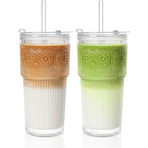 INSETLAN 20oz Ribbed & Floral Glass Tumblers with Lids and Glass Straws, Set of 2  Iced Coffee Cups, Reusable Drinking Glasses for Water, Smoothies, Tea, and Juice  Perfect for Travel & Daily Use