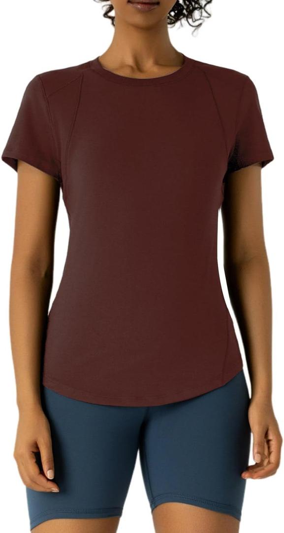 Workout Tops for Women Athletic Tops Short Sleeve Shirts-Cropped Slim Fit Gym Running Yoga T Shirts (Brown, S)
