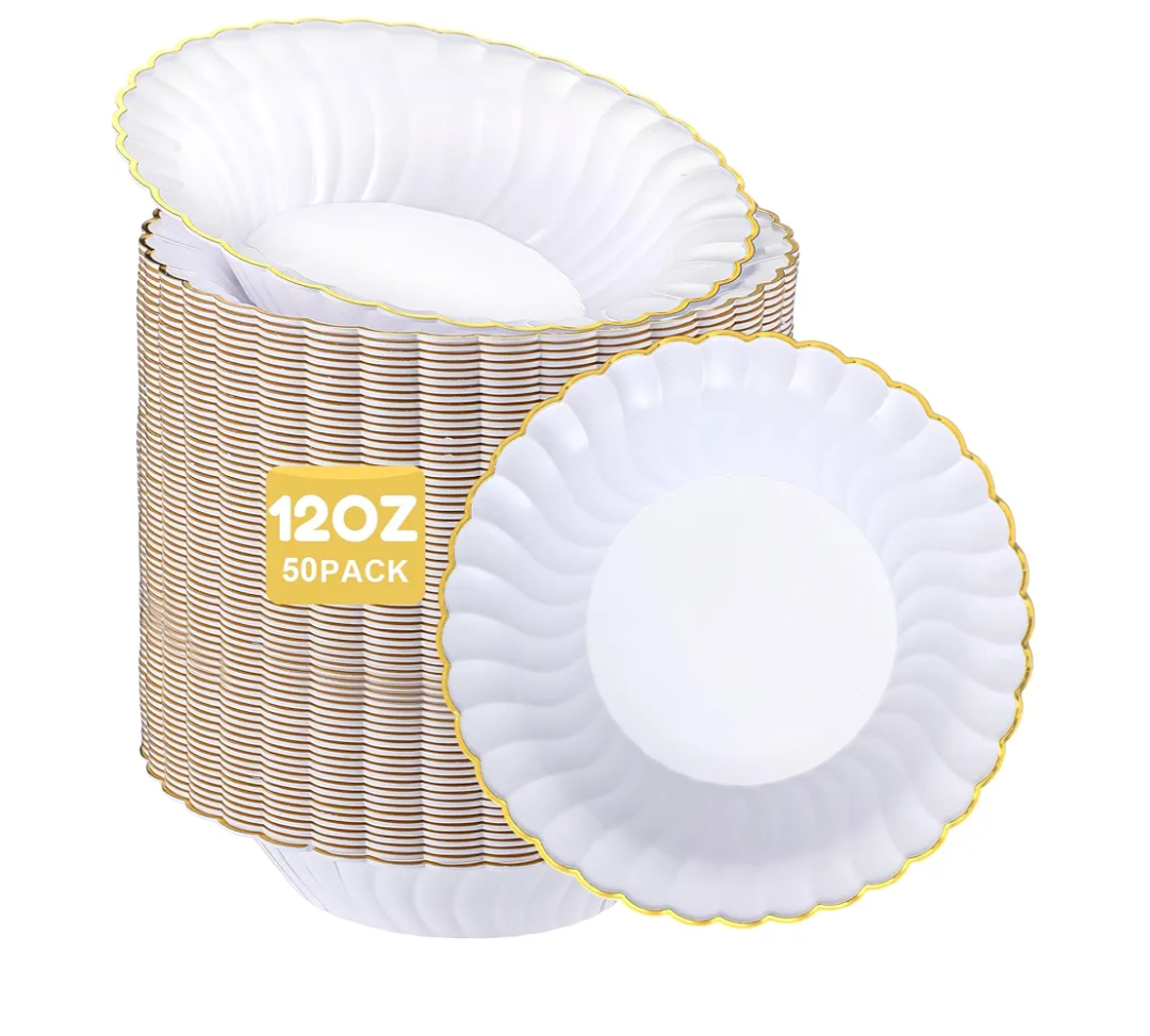 50 Pack Plastic Soup Bowls with Gold Rim, 12oz Disposable Dessert Soup Bowls with Wavy Edge for Birthday, Party, Wedding, Dinners, Catering and Everyday Use