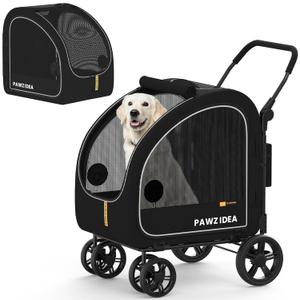 PAWZIDEA Dog Stroller for Large Dogs, Pet Stroller with Detachable Carrier for Portable Dog Crate for Car Seat, Foldable Dogs Jogger Strollers, All Terrain 9 Wheels, Adjustable Handle, Storage Bag (Black Warrior, Detachable)