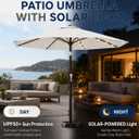 10FT Solar Patio Umbrella with Lights, Outdoor Table Market Umbrella with 32 LED Lights, 8 Sturdy Ribs, Push Button Tilt and Crank for Pool, Deck and Garden, UV-Resistant