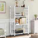 Himix Storage Shelves with 20 Hooks, 4-Tier Foldable Shelves for Storage, Folding Shelf Unit Pantry Shelves with Wheels, Metal Shelving Storage Rack Shelf for Kitchen Garage Home, White - No Assembly