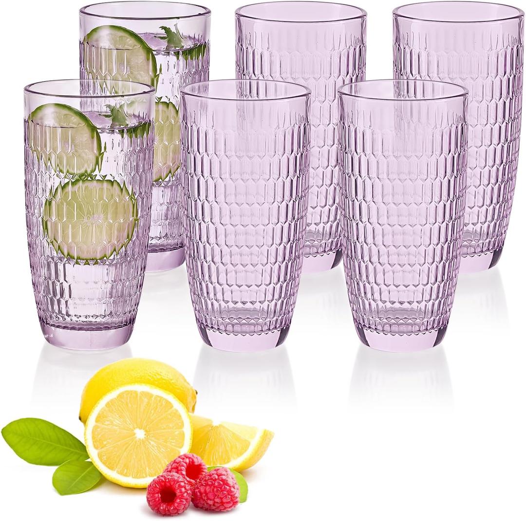 Highball Beverage Glasses Set of 6 Romantic Colored Thick & Heavy Base Big Capacity 14.87oz|440ml, Drinking Glass Tumblers for Iced Tea, Water, Soda & Juice and Cocktails (Purple)