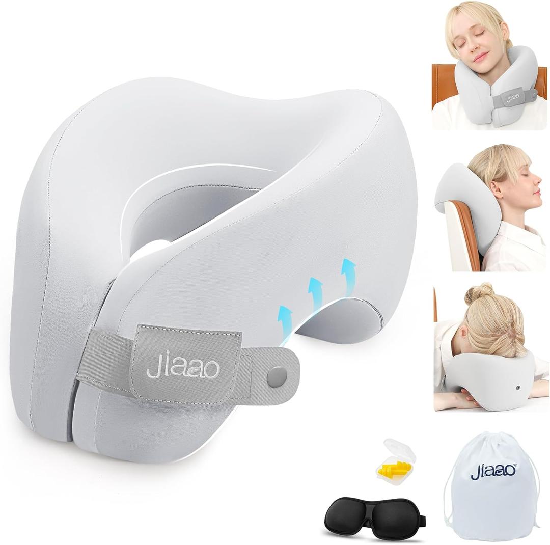 jiaao Neck Pillow Airplane, Memory Foam Travel Neck Pillows for Long Flight, 3D Eye Masks, Ear Plugs and Portable Drawstring Bag, Napping Pillow for Home, Road Trips, Sleep Rest and Travel Use (Grey)