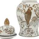 Galt International 14" Brown & White Floral Parrot Ceramic Porcelain Ginger Jar Floral Home Décor Jar Urn Shape Vase