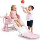 Kid Slide Indoor, Toddler Slide with Basketball Hoop and Ball, Outdoor Playset for Baby 2-5 Year Old (Pink Giraffe), Small