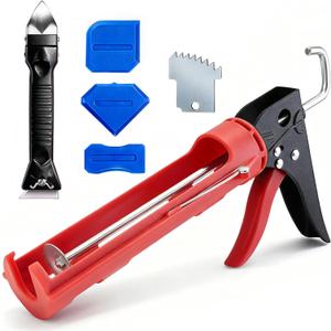 Caulk Gun Kit, Caulking Gun No Drip with 3 Silicone Caulking Tool and 3 in 1 Caulk Remover Tool, 15:1 Thrust Ratio, Professional Hand Caulking Gun Tool for the Seams of Bathroom and Kitchen Sinks (Red)