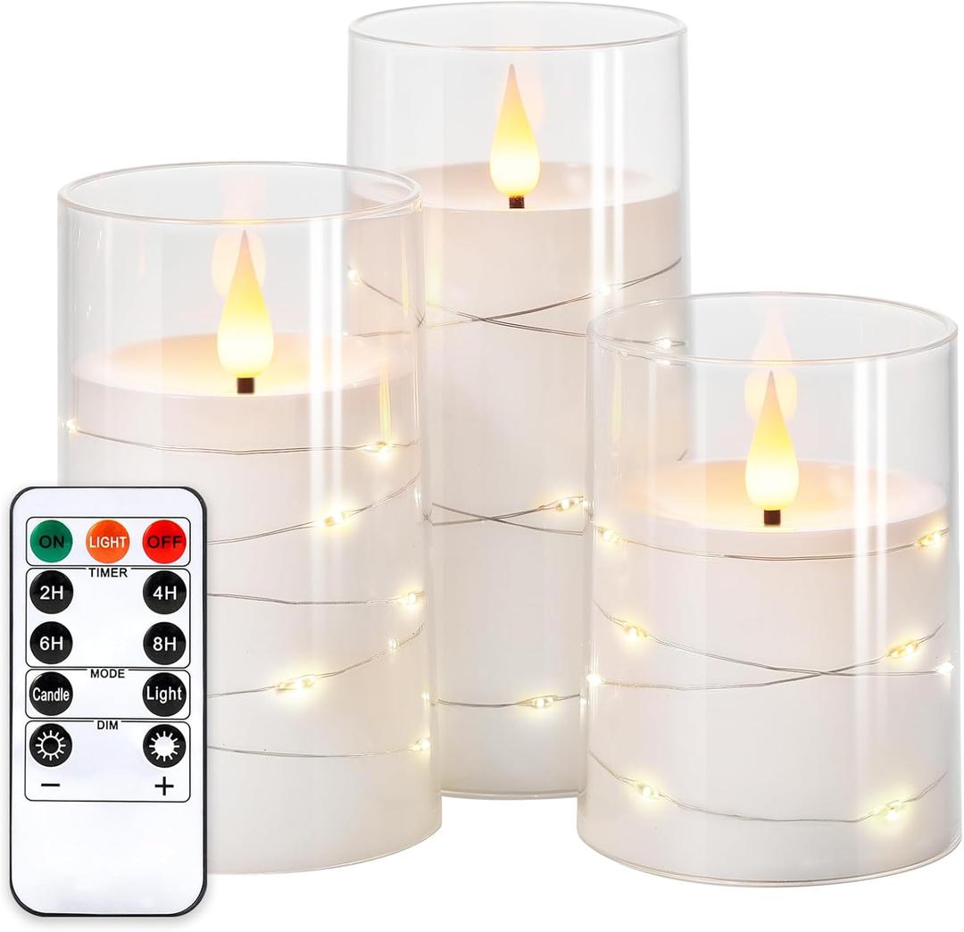 NURADA Flickering Flameless Candles: Built-in Star String Lights Acrylic 3D Wick Battery Operated LED Pillar Candles with Remote and Timer for Romantic Mood Home Decoration - 3 Pack Pure White (4''5''6")