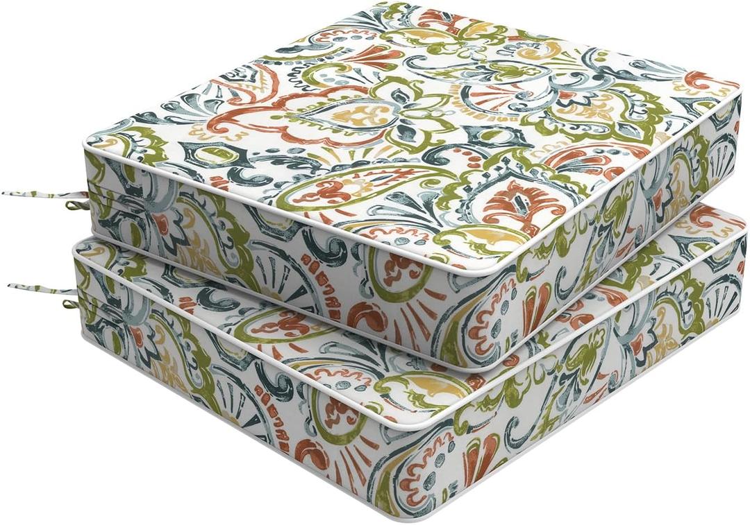 Set of 2 Outdoor Chair Cushions 20 x 20 x 4, Water Repellent Patio Seat Cushion with Removable Cover, All Weather Thick Chair Cushion for WickerSofaPatio Furniture, Paisley Botanical