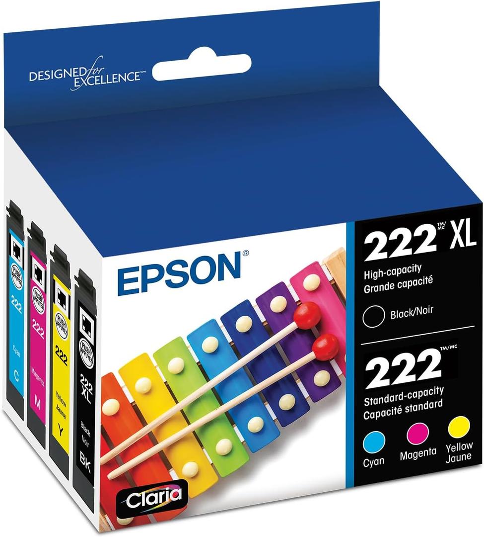 4 x EPSON 222 Claria Ink High Capacity Black & Standard Color (Cyan/Magenta/Yellow) Cartridge Combo Pack (T222XL-BCS) Works with WorkForce WF-2960 Expression XP-5200