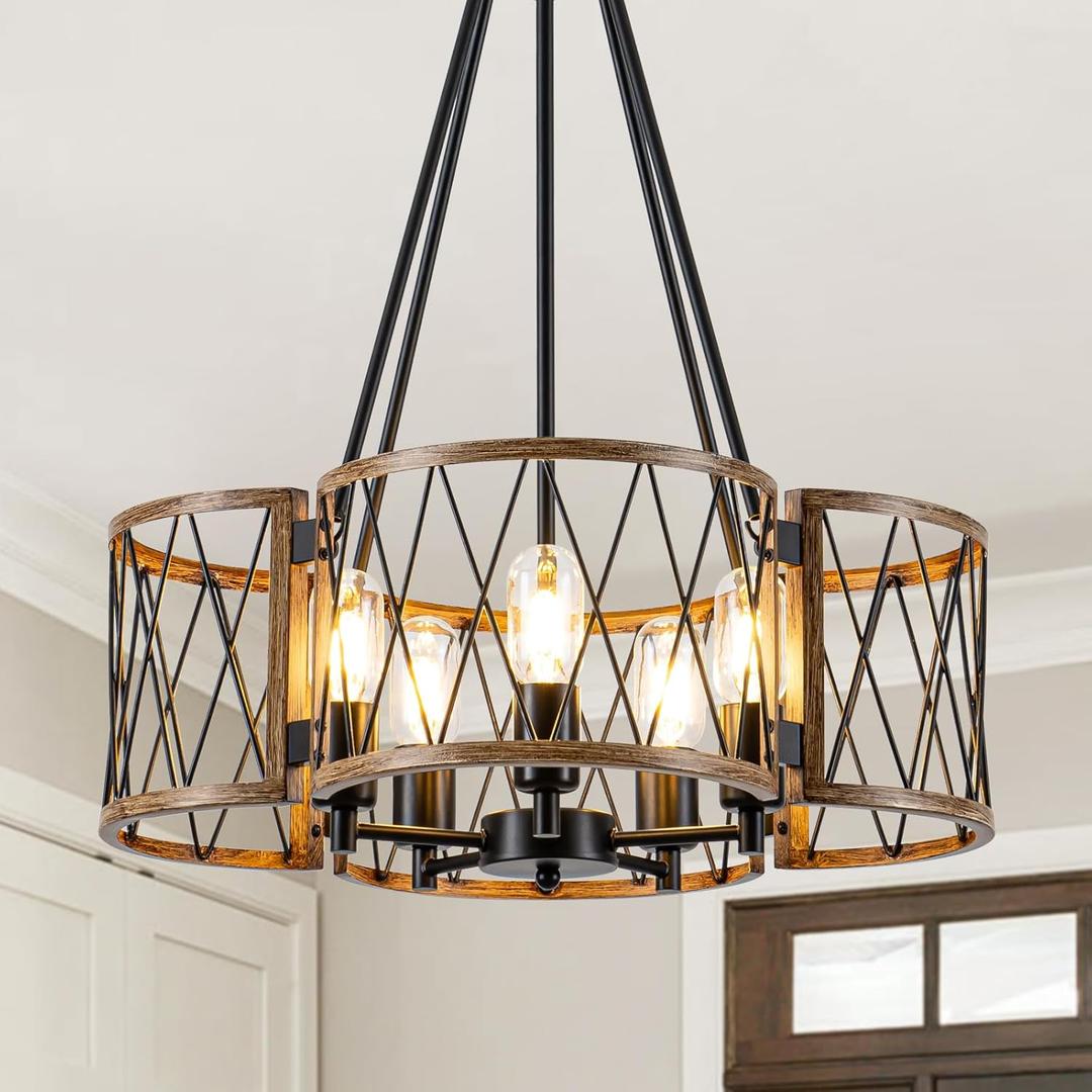 20.8'' Farmhouse Chandeliers for Dining Room, 5-Light Rustic Chandelier Wood Grain Metal Round Hanging Light Fixture, Vintage Drum Pendant Lights for Living Room, Bedroom, Kitchen, Entryway