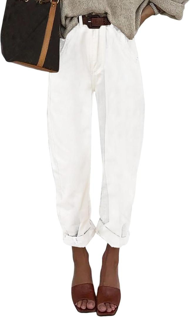 EVALESS Women's High Waisted Baggy Boyfriend Barrel Jeans (10, White)