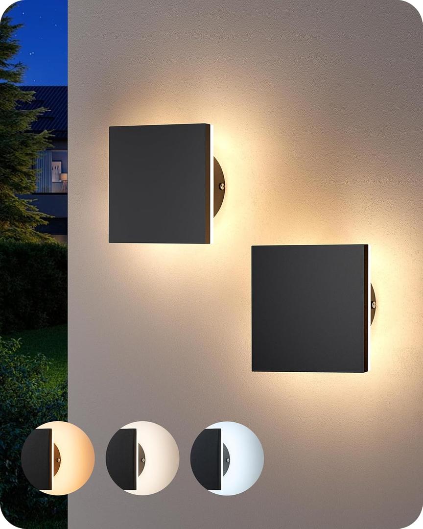 EDISHINE 2 Pack LED Wall Lights Outdoor Indoor, 3000K-5000K Dimmable Wall Sconce, 360 Backlit Square Modern Exterior Lighting Fixtures, IP65 Waterproof Aluminum Outside Porch Light, Black