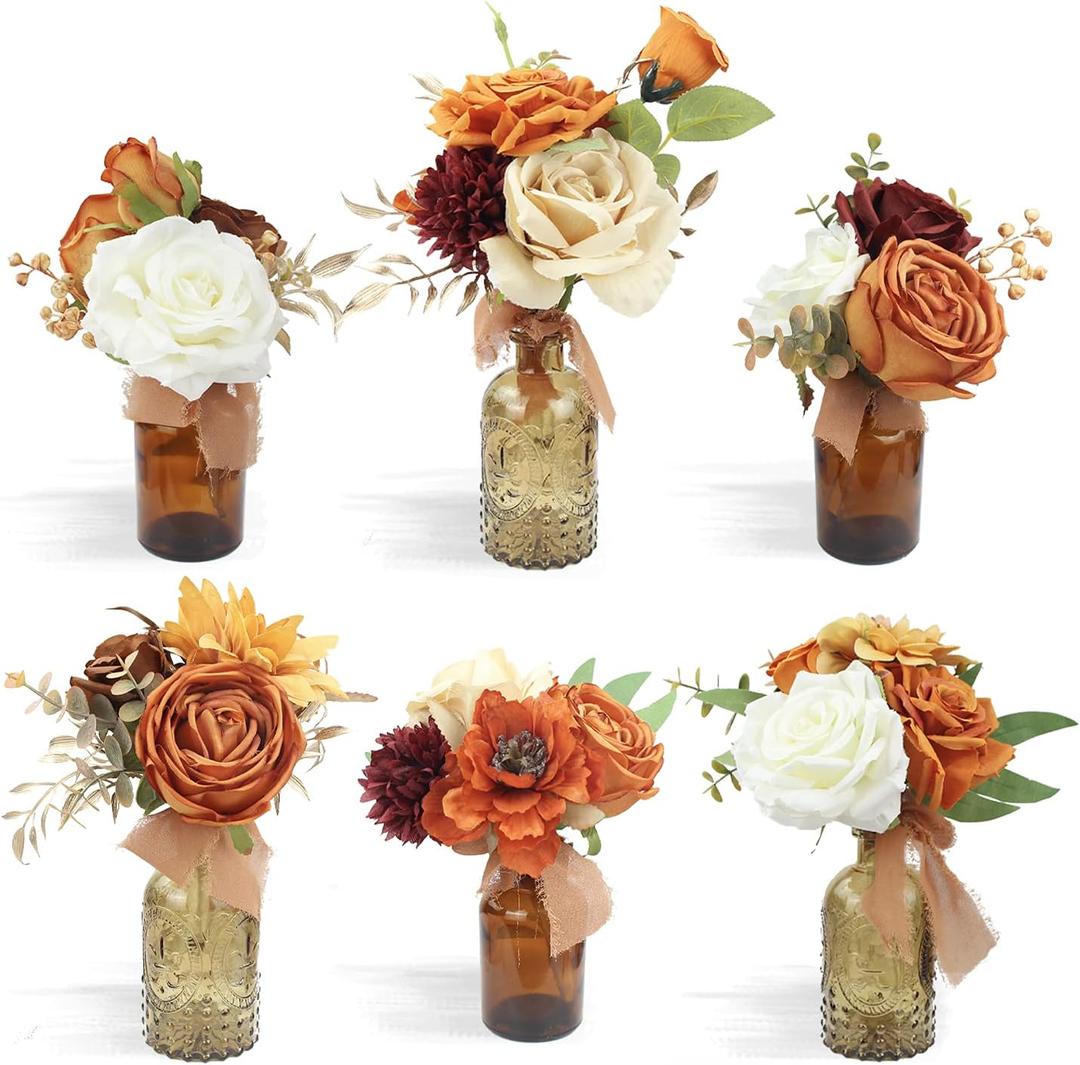 Rinlong 6Pcs Assorted Flower Centerpieces for Wedding Fall Tables Centerpiece Burnt Orange Bridesmaid Bouquets Baby Nursery Shelf Mantel Decor (6pcs (Vase not included))
