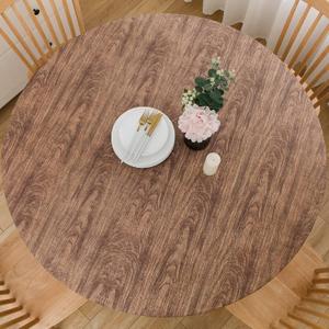 LIBERECOO Round Vinyl Fitted Tablecloth with Flannel Backing Elastic Edge Table Cover Waterproof Stain-Resistant Wipeable Tablcloths Fits 57-65" Round Tables (Walnut Wood)