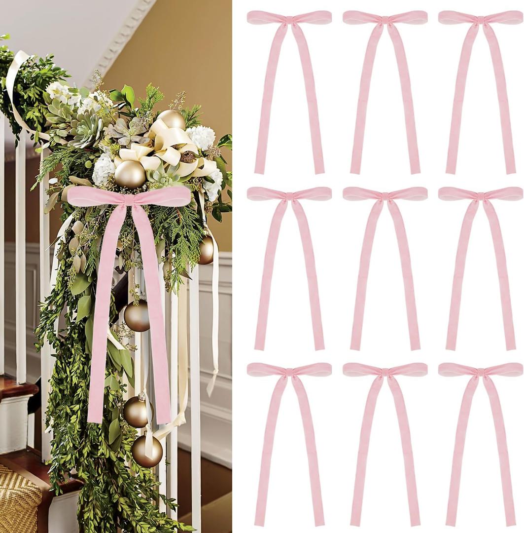 20 Pcs Velvet Bows for Christmas Tree - 5.9" x 11.81" Vintage Rustic Ribbon Bow Ornaments for Xmas Gift Wrapping Garland Wreath Window Fireplace Staircase Holiday Wedding Home Decor (20, Pink)