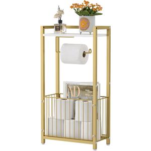 Toilet Paper Holder with Storage Shelf - Freestanding Roll Dispenser for Bathroom, Bathroom Organizer for Tissues and More Gold