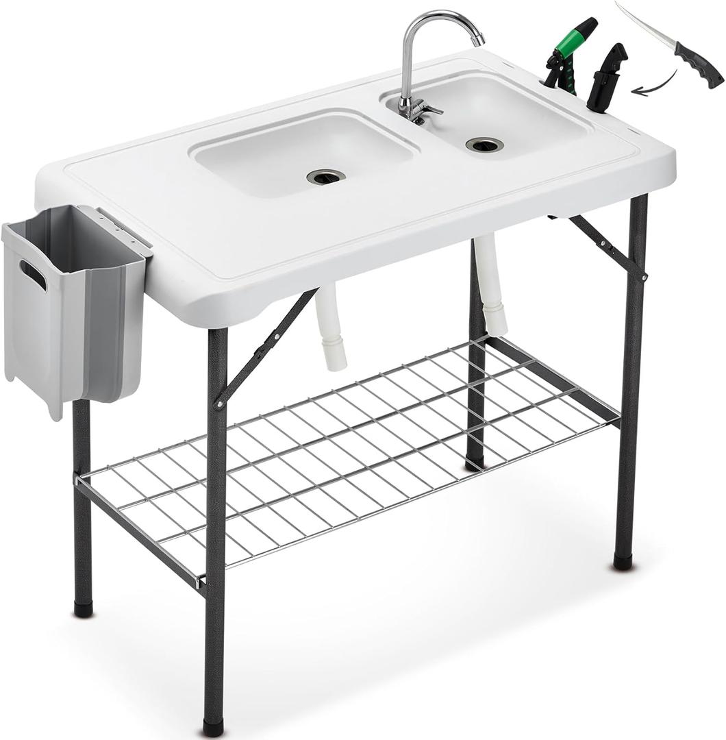 Folding Fish Cleaning Table Portable Camping Double Sinks Table w/2 Dual Water Basins, Faucet Drainage Hose & Sprayer Outdoor Fish Fillet Cleaning Station w/Knife, Storage Box,Black | Portable, Camping, 2 Dual Water Basins, Faucet, Drainage Hose, Sprayer