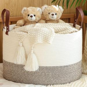 KAKAMAY Large Blanket Basket (20"x13"),Woven Baskets for storage Baby Laundry Hamper,Cotton Rope Blanket Basket for Living Room, Laundry, Nursery, Pillows, Baby Toy chest (White/Beige) (Cream and Beige)