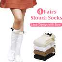 2 x Slouch Socks for Women Long Knee High Socks Women Frilly Lace Ruffle Calf Stacked Boot Sock Scrunch Slouchy Sock (Black, White, Khaki & Beige)