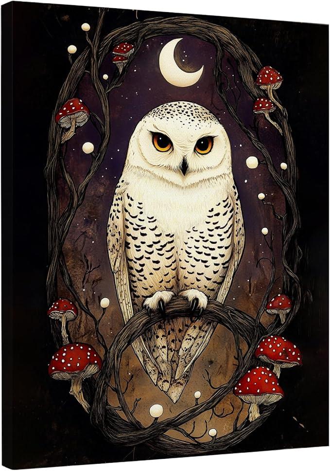 DIENADFX Vintage Moody Gothic Owl Canvas Wall Art Decor for Home, Dark Cottagecore Romance Witchy Owls Bathroom Paintings Wall Decor Decorations, Dark Academia Wall Art Pictures Painting, 11x14 Inch