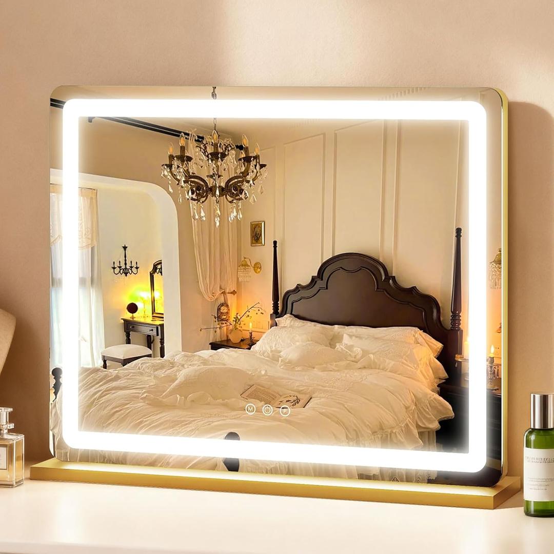 ROLOVE Vanity Mirror with Lights, Lighted Vanity Mirror with Dimmable 3 Modes, LED Makeup Mirror, Touch Screen Control, for Makeup Desk, Dressing Room, Gold, 23x19 Inch