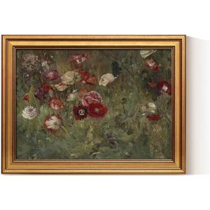 VIYYIEA Gold Framed Canvas Art Prints,12x16Inch, Poppy Field Art Painting, Retro Vintage Decor for Kitchen Bedroom Bathroom Living Room shelf, Farmhouse Country Cottage Floral Picture