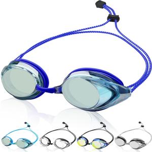 Swim Goggles for Adult Men Women Youth, Bungee Strap Swimming Goggles No Hair Pulling Mirrored/Clear Lens Goggles (01-blue)