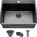 24x18 Inch Black Drop in Kitchen Sink, 9 Inch Deep Gunmetal Black 16 Gauge SUS304 Stainless Steel Top Mount Bar RV Laundry Utility Sink, Handmade Single Bowl Small Kitchen Sink with Strainer, 24x18x9inch Drop in
