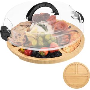 GLOKUUCA Round Charcuterie Board with Lid and Handle - Portable Cheese Board for Travel,Bamboo Cutting Board for Kitchen,Gifts for House Warming, Bridal Shower (3 Compartment, Black)