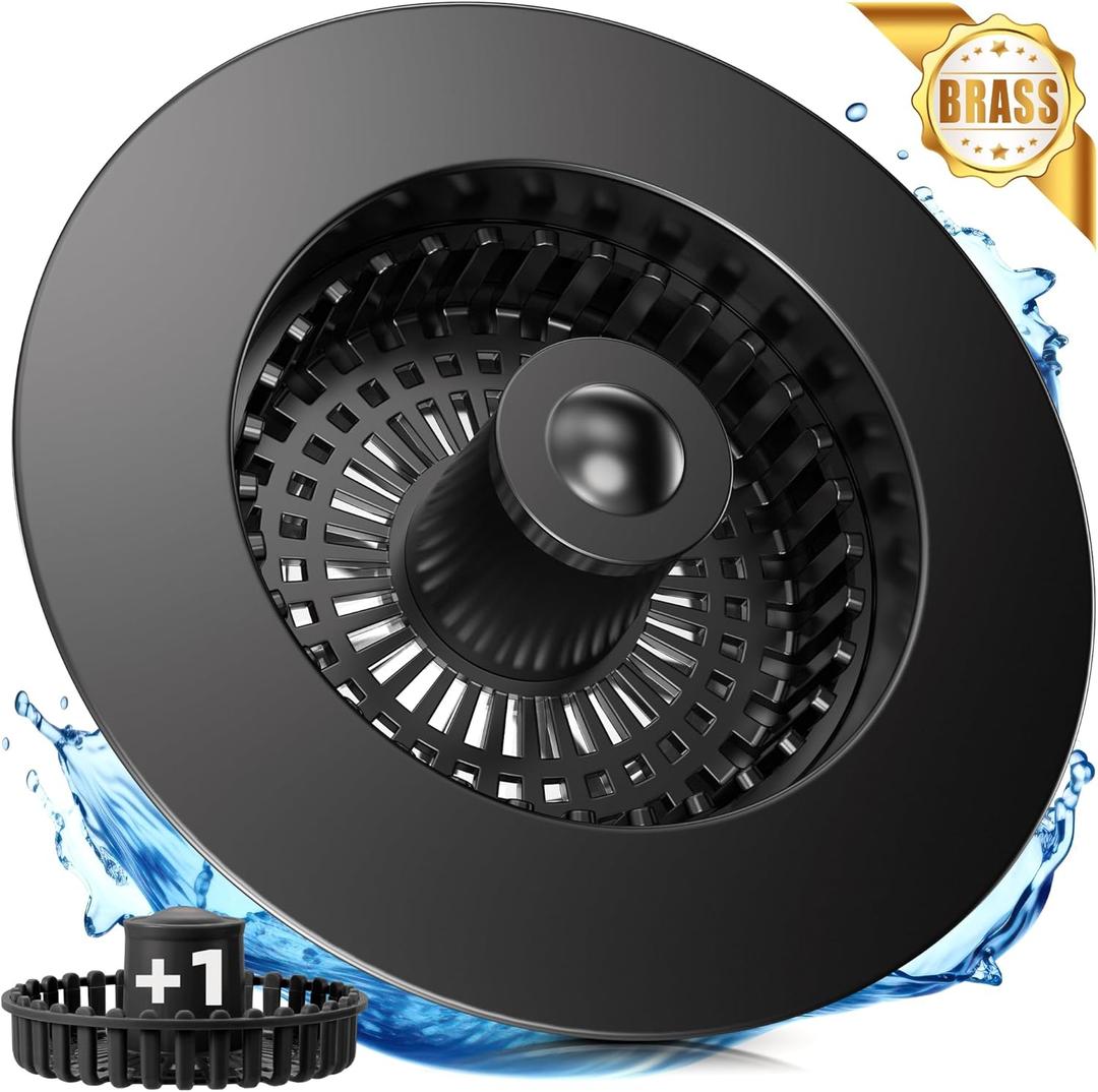3-in-1 Kitchen Sink Strainer & Stopper, Matte Black Pop Up Drain Filter  Anti-Clogging Food Catcher with Brass Core  Fits Standard 3.5 Inch Drain, Deep Basket for Easy Cleaning