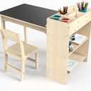 doowroodni Kids Art Table and Chair Set, Sturdy Beech Wood Study Desk for Childrens Drawing, Learning & Play - Multi-Functional Activity Table for Home,Toddler Desk with Storage and 1 Chair, 23 inches x 32.6 inches x 18 inches