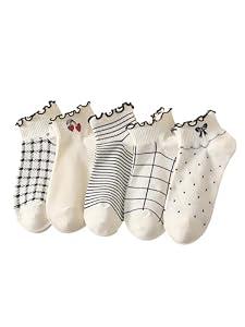 GORGLITTER Women's 5 Pairs Crew Socks Vintage Cute Patterned Casual Dress Ankle Socks Black and White, Large