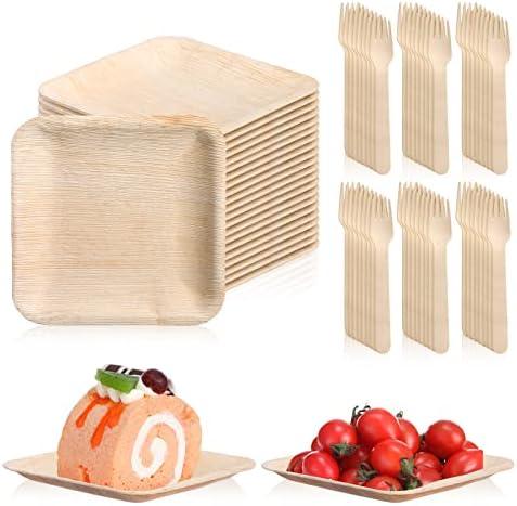 Irenare 200 Pcs Palm Leaf Plates and Wooden Forks Set, 6 Inch Bamboo Square Disposable Party Plates Compostable Tableware for Appetizers Wedding Picnic Dessert BBQ Camping Events