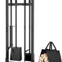 6 Pcs Fireplace Tools Set with Log Carrier, HXJLJY 34" Fireplace Accessories Sturdy Fire Tool Set Holder with Fire Poker Brush Shovel Tong Stand for Indoor Fireplace Outdoor Fire Pit Wood Stove, Arch