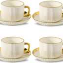 LETAOTAO Cappuccino Cups with Saucers, 8oz Ceramic Coffee Cups with Saucers Set, Latte Art Coffee Mugs with Gold Trim, Tea Cups Set of 4, British/Italian Coffee cups for Cafe Mocha, Double Espresso