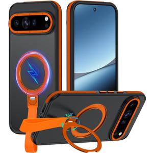 for Google Pixel 10 Case/Pixel 10 Pro Case with 360 Spin Magnetic Stand-Finger Strap, [Fit for MagSafe][16FT Mil-Grade Protection] Ring Holder Kickstand Translucent Matte Phone Case (Orange)