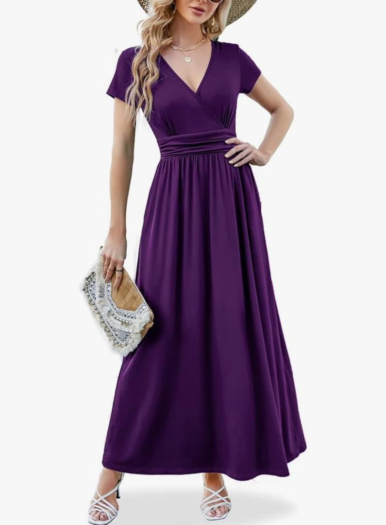 ANRILITA Maxi Dress for Women Wrap V Neck Short Sleeve Empire Pleated Waist Summer Casual Elegant Long Dresses with Pockets XL Purple