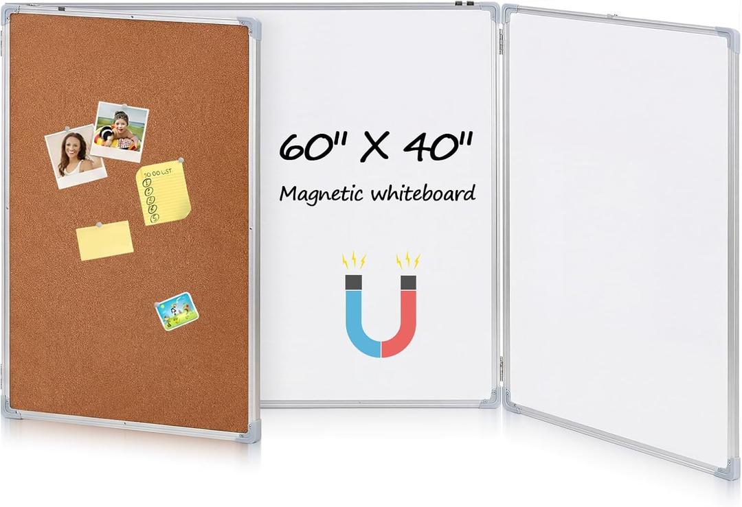 Mooliwe 60"x40" Tri-fold Cork Board Whiteboard Combo, Foldable Combination Magnetic Dry Erase Bulletin Board & Corkboard with Aluminum Frame Wall Mounted for Home, Office and School(Wood)