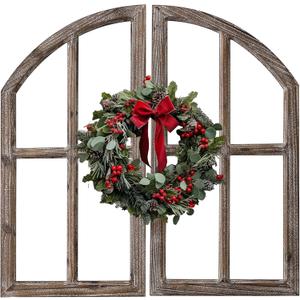 Sintosin Farmhouse Window Frame Wall Decor 30 Inch, Set of 2 Washed White and Burning Finish Wooden Arched Window Pane, Rustic Cathedral Wall Decor for Living Room Entryway Indoor