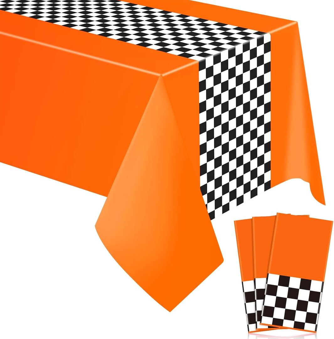 Irenare 3 Sheets Car Birthday Party Supplies Racing Party Decorations Road Tablecloth Racetrack Table Runner Table Covers for Kids Boy Car Theme Birthday Favors, 54 x 108 Inch (Orange)