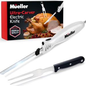 Mueller Ultra-Carver Electric Knife for Carving Meats, Poultry, Bread, Crafting Foam. Stainless Steel Blades, Powerful Motor, Ergonomic Handle, One-Touch On/Off Button, Serving Fork Included, White (White)