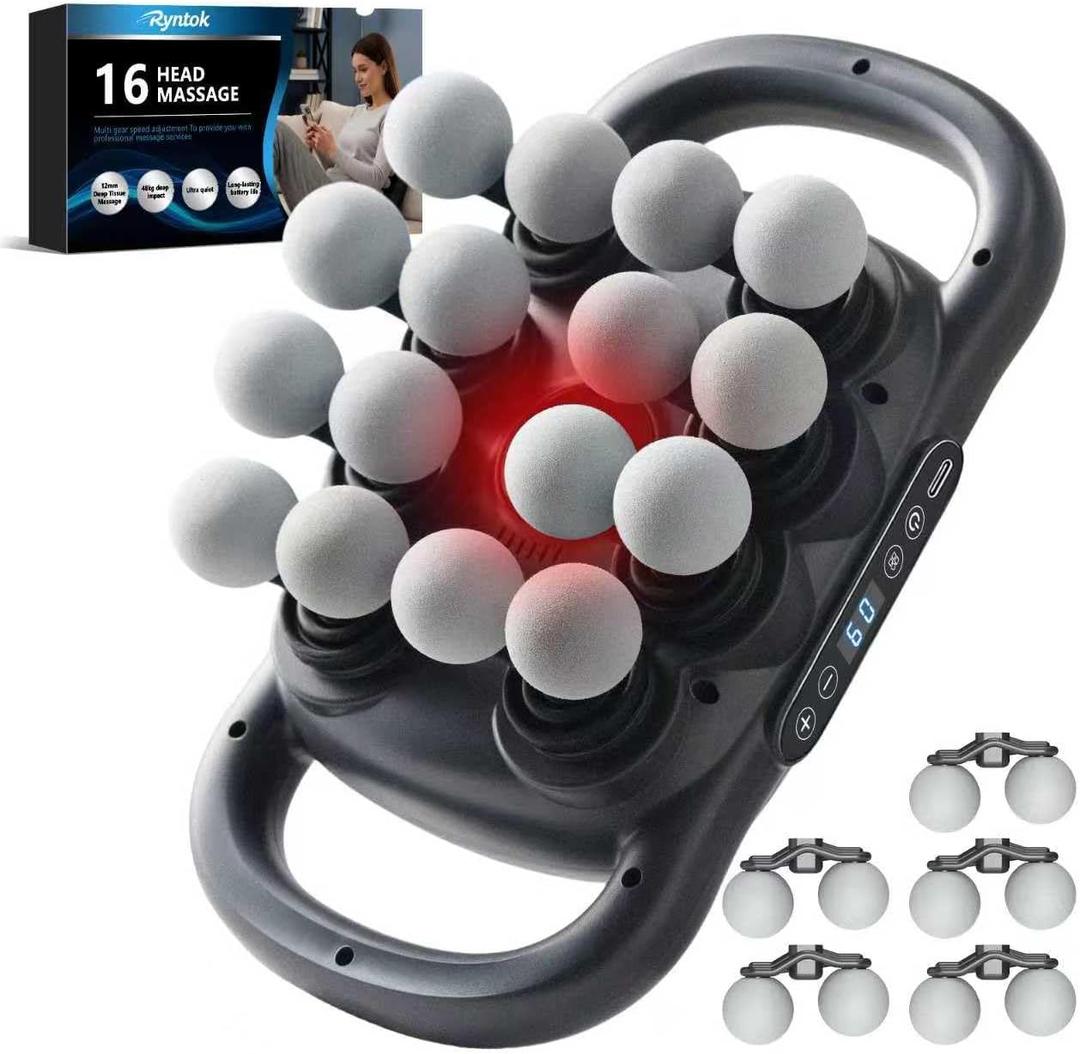 16 Head Massage Gun Deep Tissue, Multi Head Massage Gun, with 9 Modes & Levels,10 Replaceable Massage Heads Included, Body Muscle Pain Relief, Wireless and Portable, Black