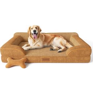 Extra Large Dog Bed, Orthopedic Dog Beds with Cooling Gel Memory Foam, Waterproof XL Pet Bed with Removable Washable Cover, 42" Pet Sofa Couch Dutch Velvet with Bone Toy, Brown