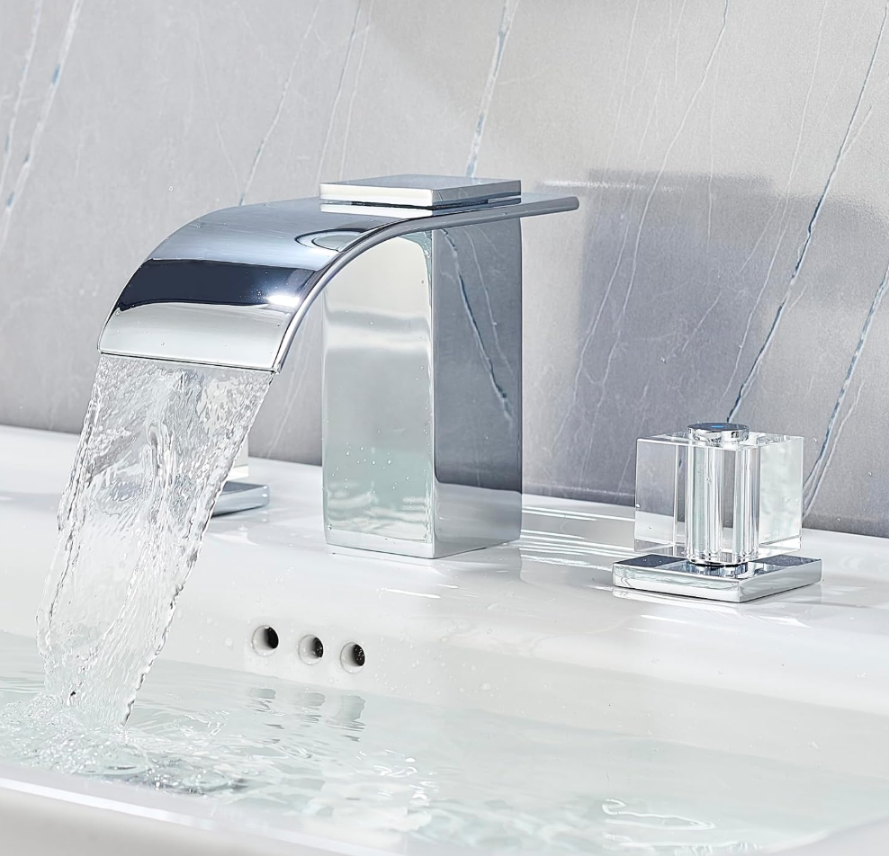 BANGPU Waterfall Bathroom Faucet 3 Hole Crystal Bathroom Sink Faucets Widespread Waterfall Bathroom Vanity Faucet with Crystal Handles 8 Inch Basin Mixer Tap, Chrome