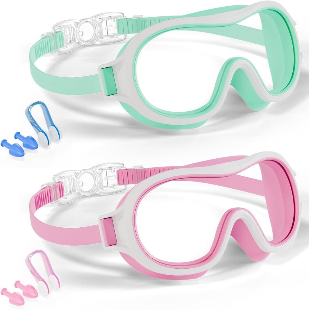 Aegend 2 Pack Swim goggles for Kids 3-15, Anti-Fog Anti-UV Wide Vision Waterproof, No leak Swimming goggles for Boys Girls (Light Green & Light Pink)