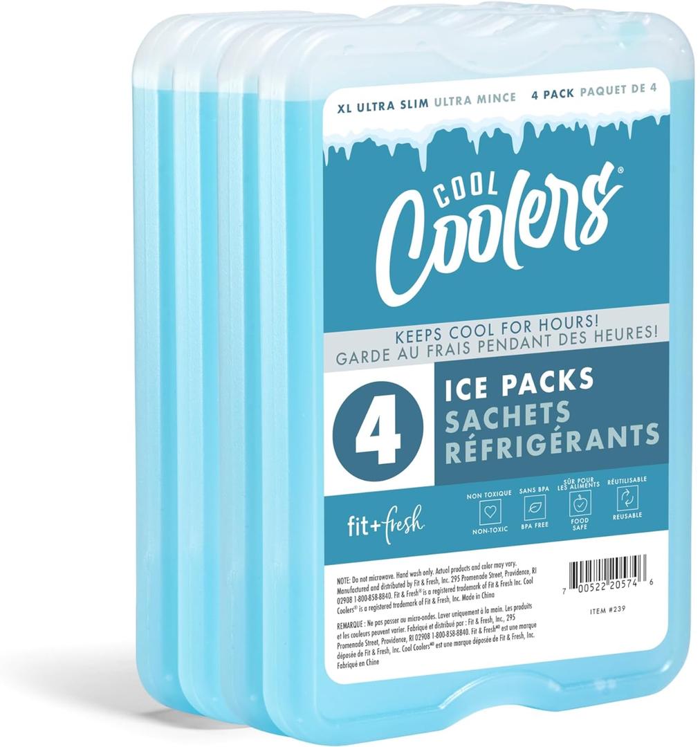 Cool Coolers by Fit + Fresh Slim Compact Reusable XL Ice Pack, Perfect for Lunch Boxes, Coolers, and Beach Bags (Clear Blue 4 PK)