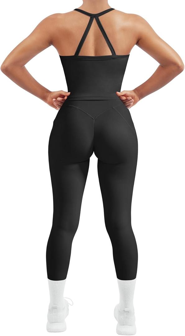 SUUKSESS Women 2 Piece Workout Sets Compression Tummy Control Leggings with Pockets Halter Built in Bra Tank Tops (Small, Black)